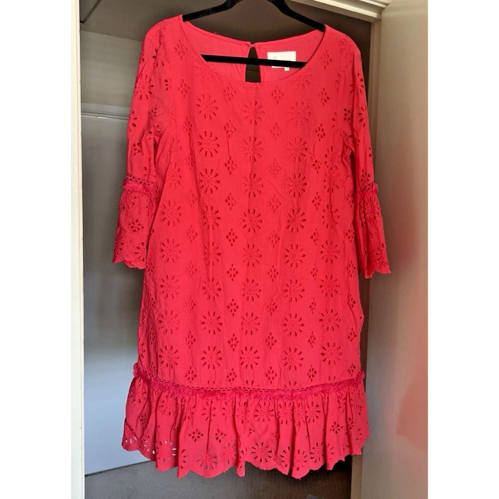 Anthropologie Dani Lace Eyelet Pink Drop Waist Dress Size 12 Seed Beads Fringe